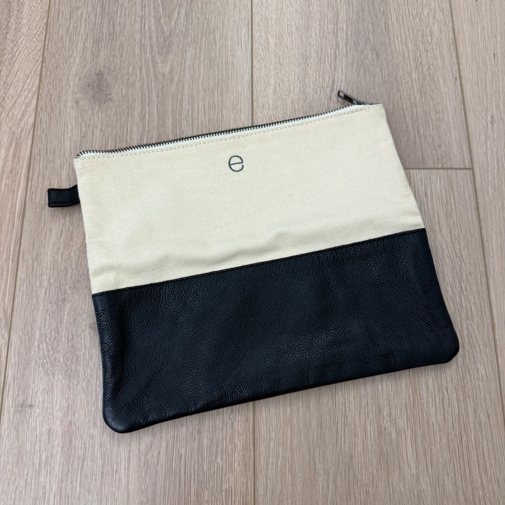 Mark and Graham Canvas and Leather Colorblock Zipper Clutch Pouch Monogram E